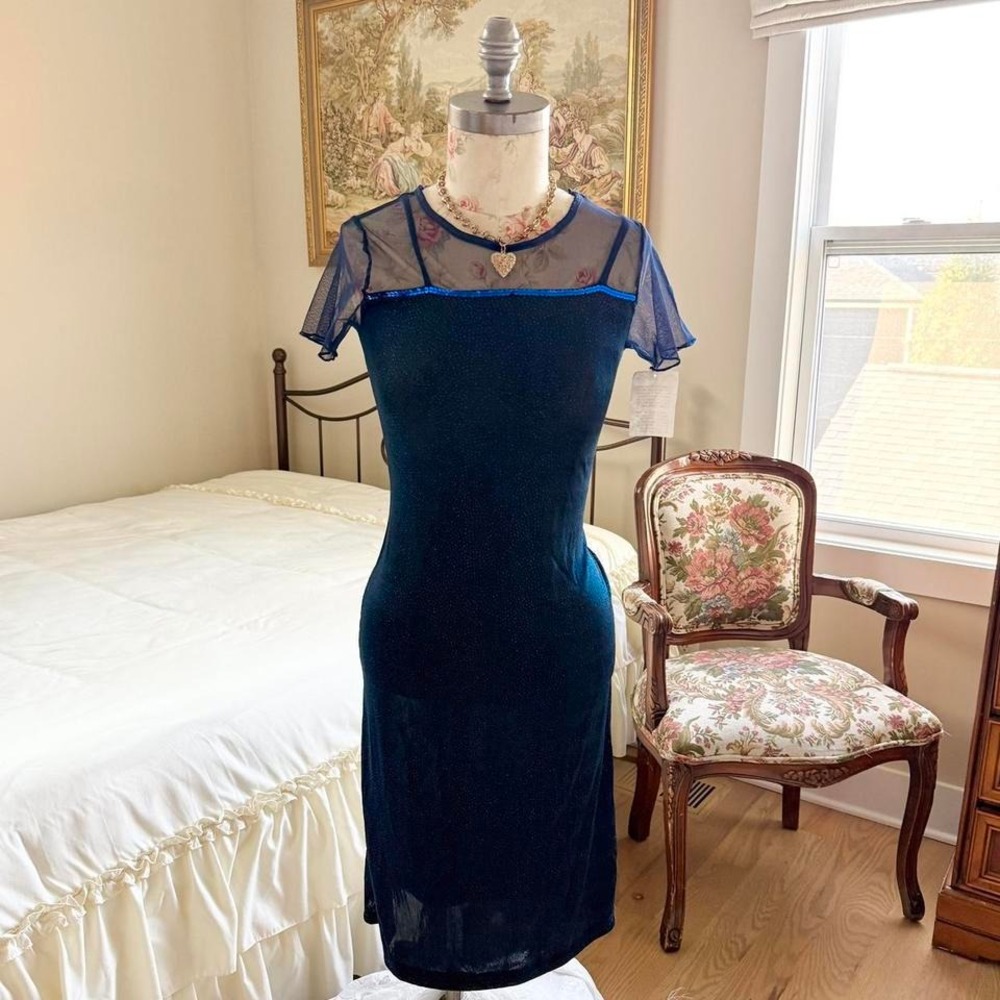navy‎ party dress  expressions navy mesh dress size 16 fits like a medium 90s